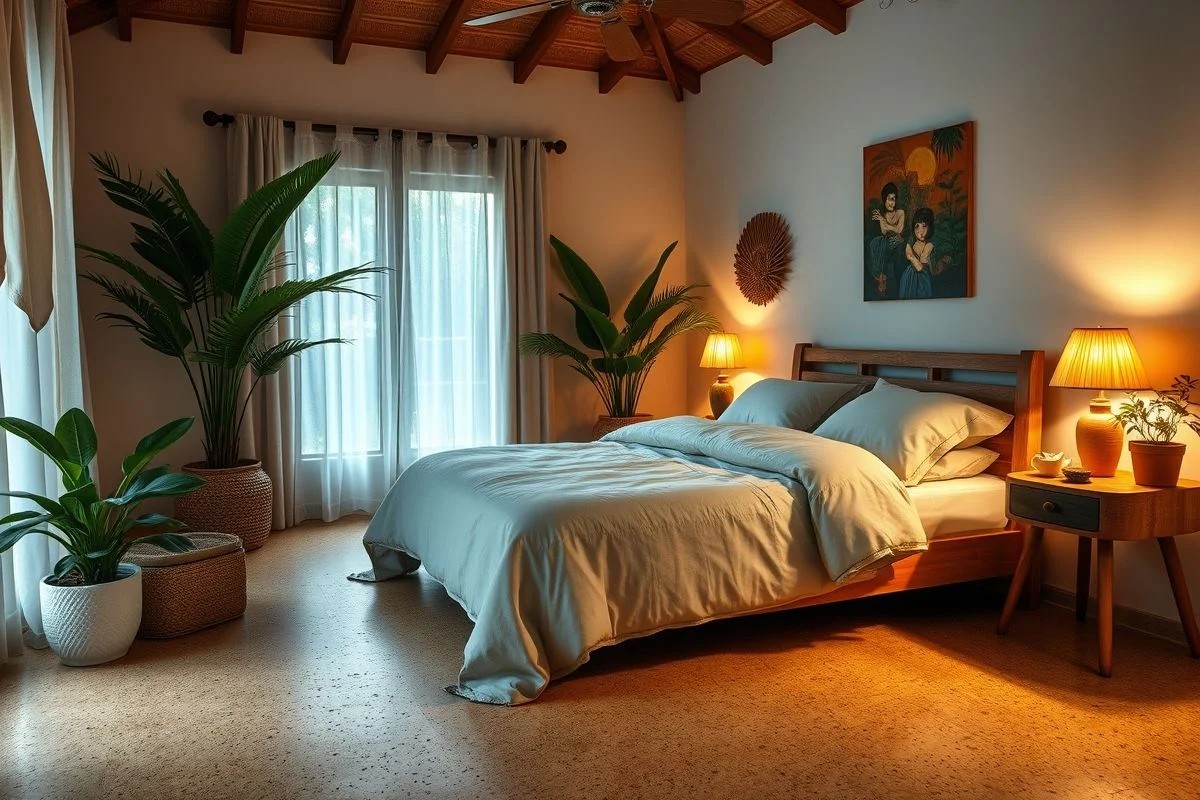 Quarto aconchegante com piso de cortiça, iluminação suave e plantas.