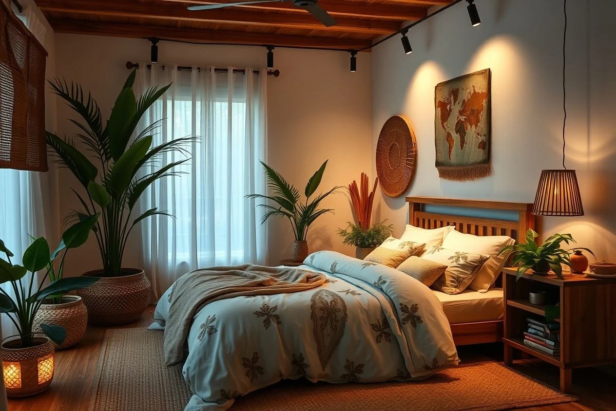 Quarto aconchegante com iluminação de trilho suave para relaxamento.