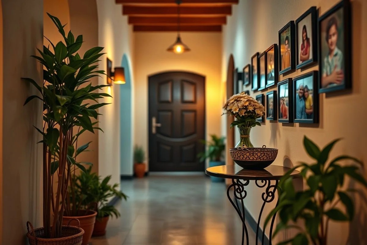 Corredor de entrada acolhedor com plantas e fotos de família, estilo brasileiro.