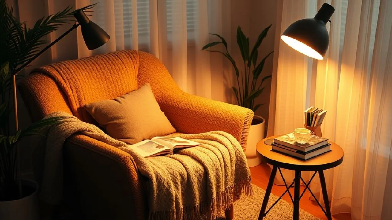 Cantinho de relaxamento em home office com poltrona e iluminação aconchegante