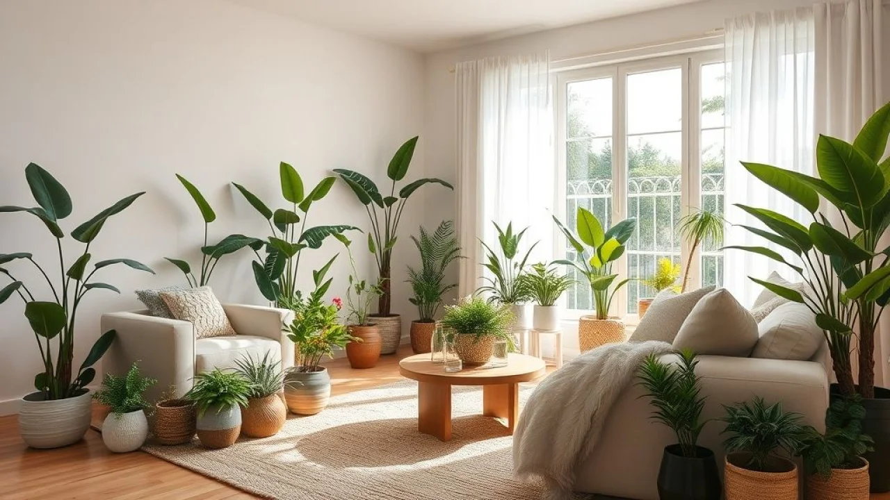 Sala de estar brasileira aconchegante com plantas artificiais e luz natural.