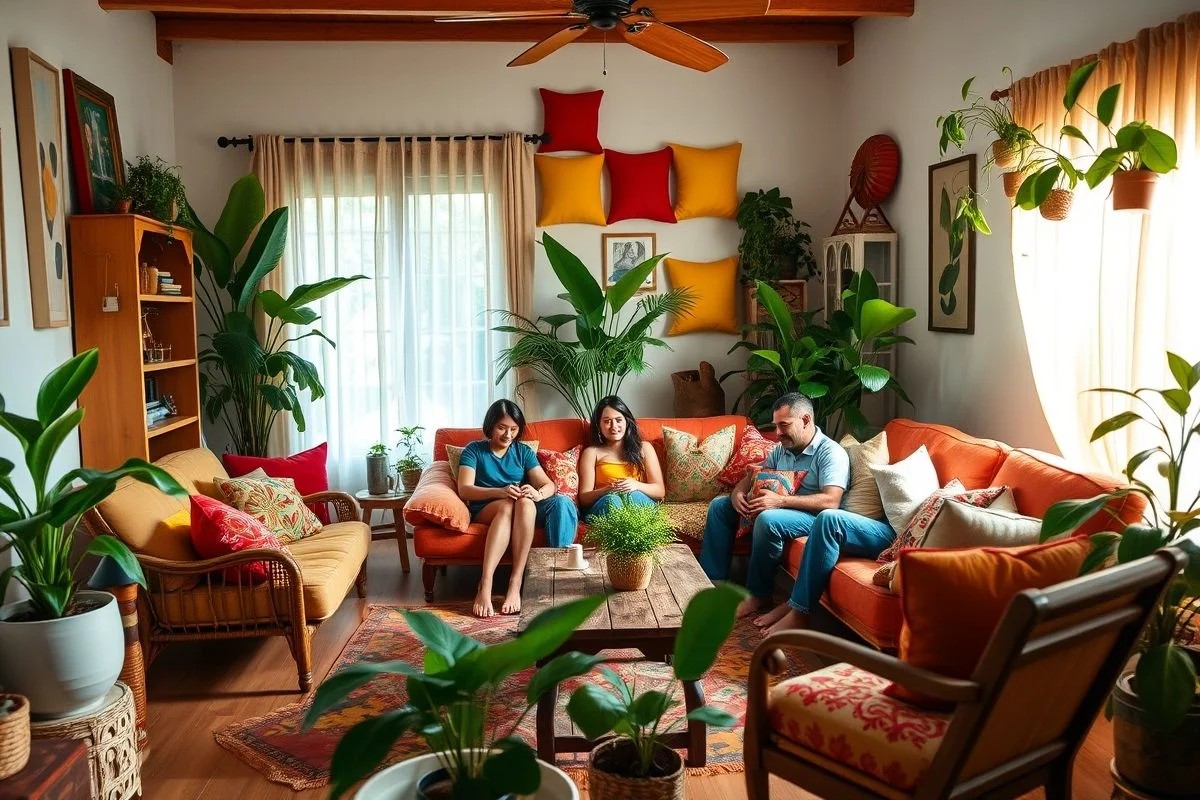 Sala aconchegante decorada com itens de baixo custo no Brasil