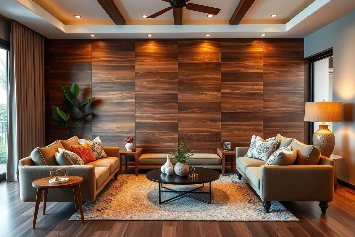 Sala aconchegante com painel de madeira na parede, design brasileiro.