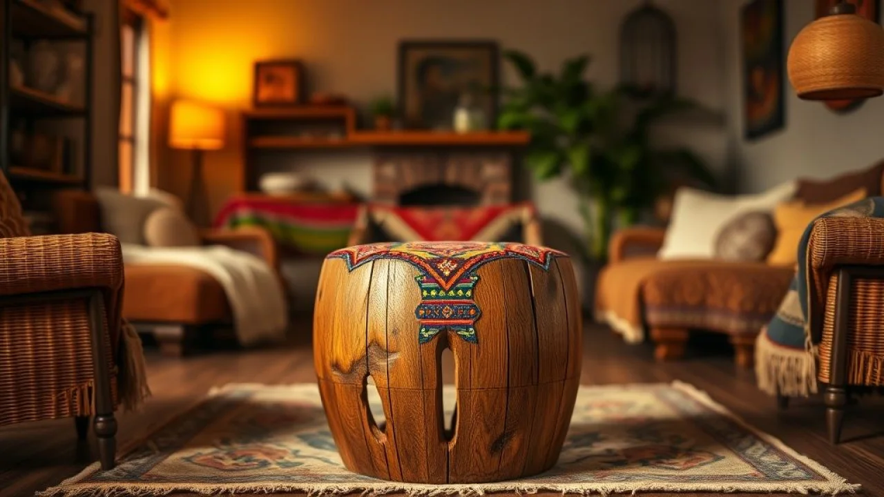 Banquinho de madeira estofado com tecido colorido em sala de estar brasileira