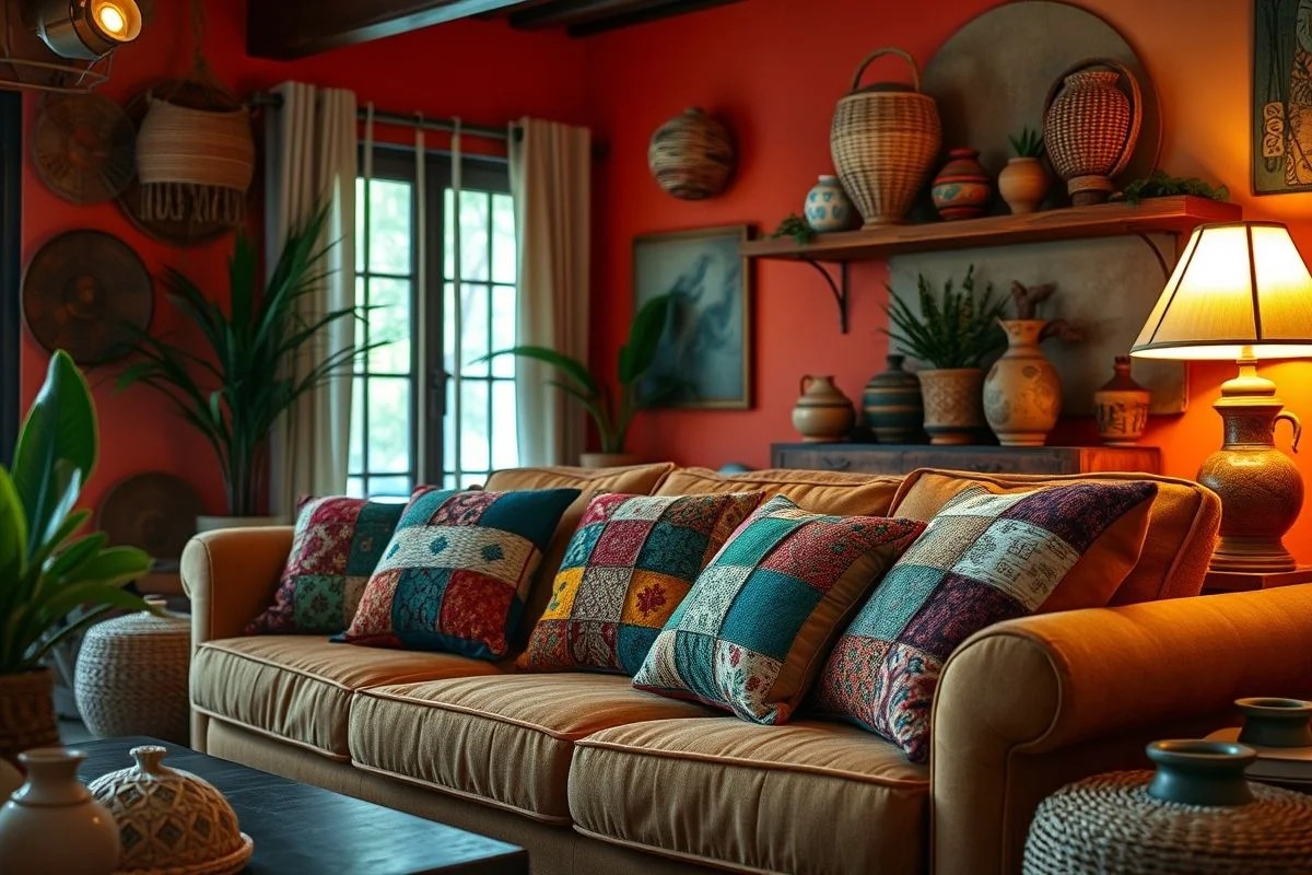 Almofadas de patchwork coloridas em sala de estar brasileira.
