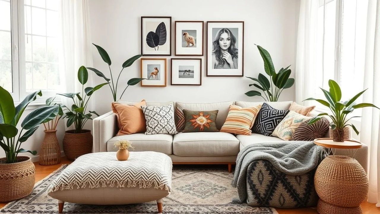 Sala de estar aconchegante com toques pessoais: fotos, plantas e almofadas. Almofadas Tok&Stok.