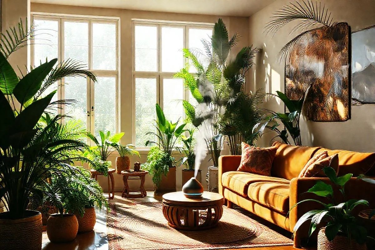 Sala de estar brasileira aconchegante com difusor de aroma e plantas.