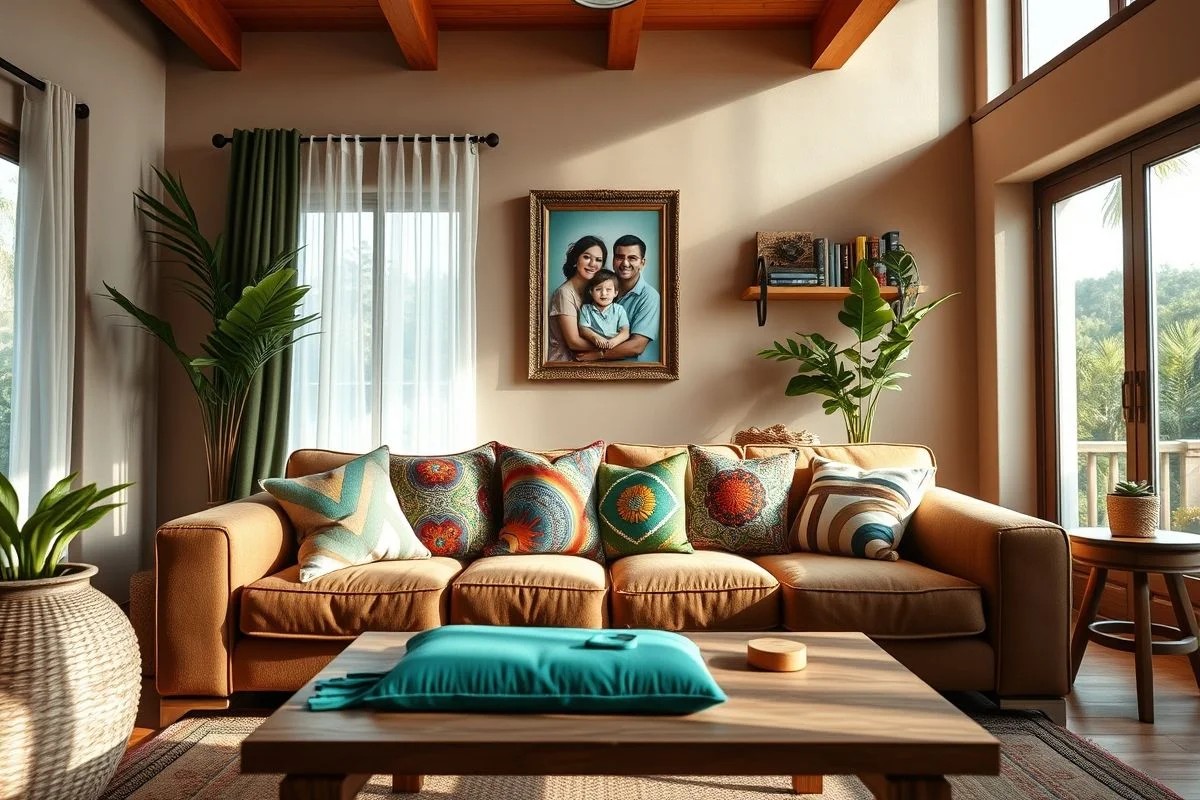 Sala de estar aconchegante no Brasil com almofadas decorativas coloridas no sofá.