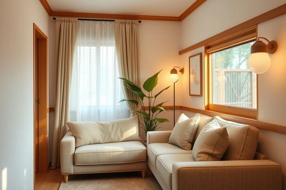 Sala pequena decorada em tons claros com sofá confortável e iluminação natural.