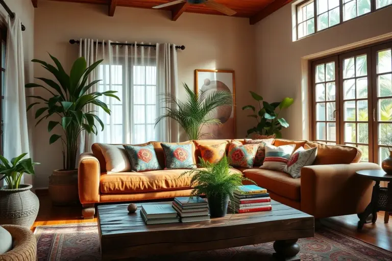 Sala de estar aconchegante com sofá, almofadas coloridas e mesa de madeira.