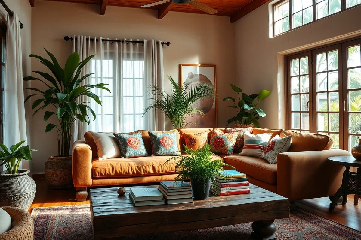 Sala de estar aconchegante com sofá, almofadas coloridas e mesa de madeira.