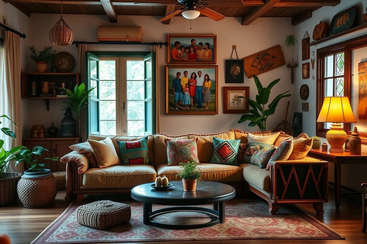 Sala de estar aconchegante em casa brasileira com sofá confortável e iluminação quente.
