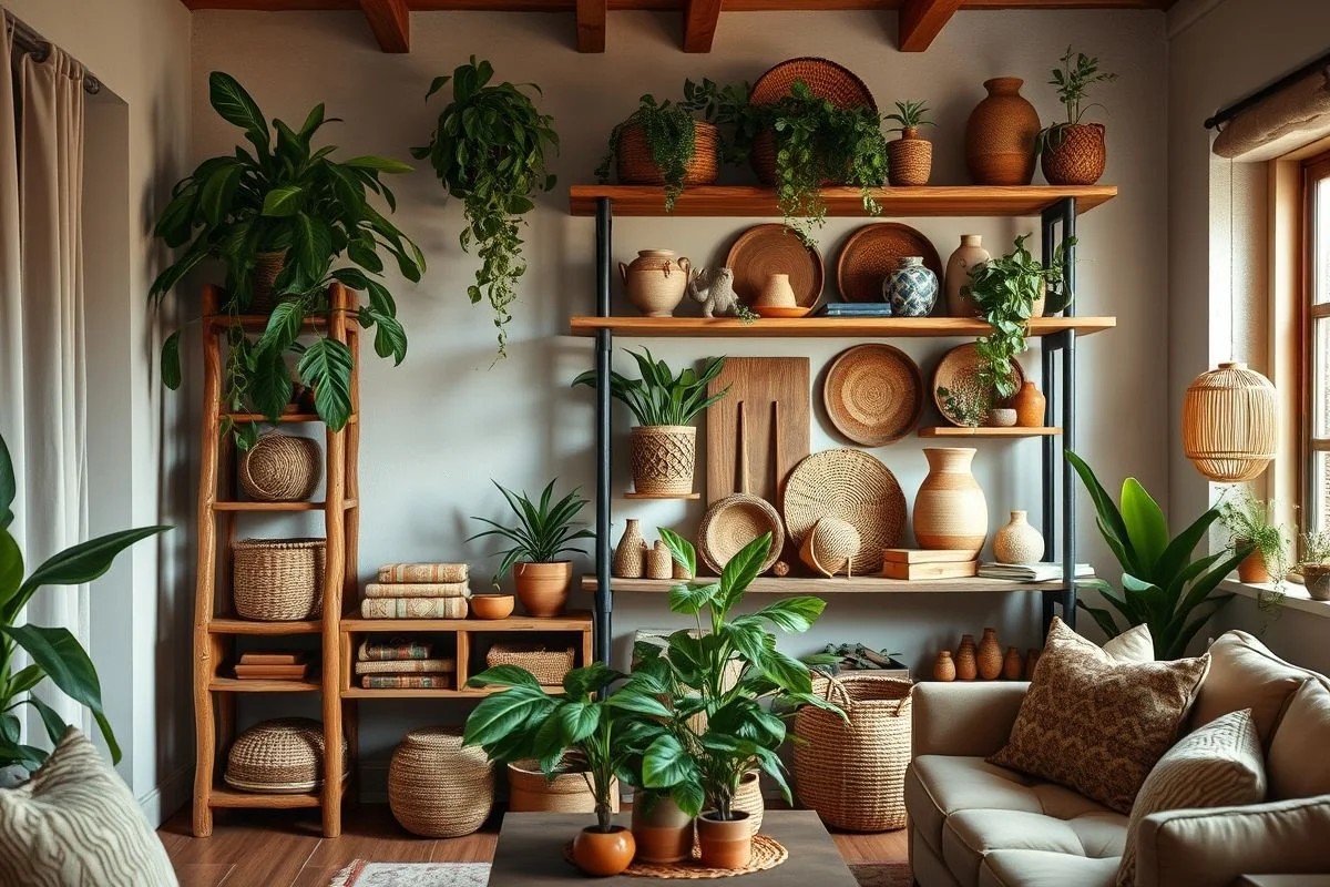 Sala de estar rústica com rack de madeira, plantas e decoração artesanal brasileira.