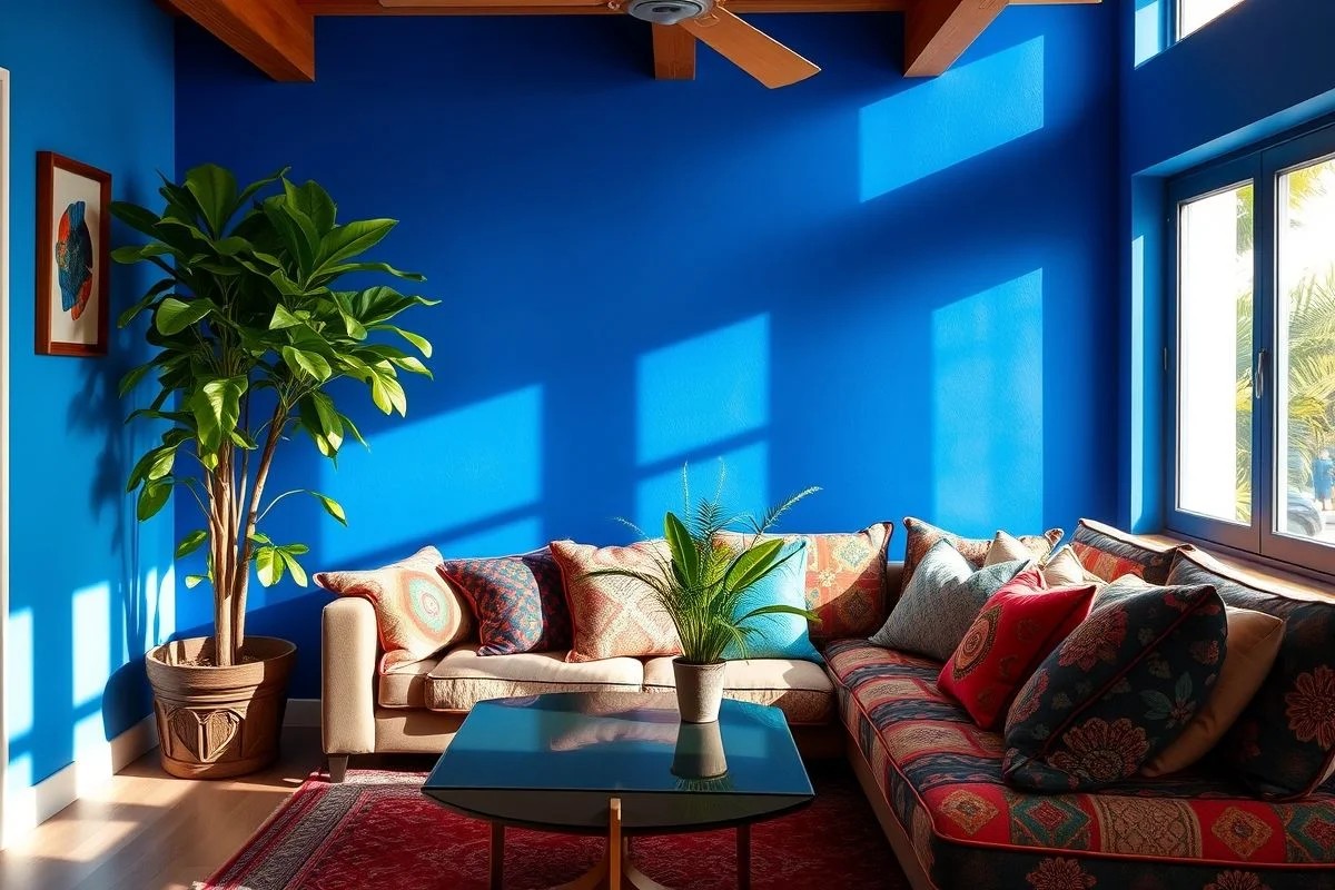 Sala de estar azul vibrante com almofadas coloridas e planta verde, decoração aconchegante brasileira