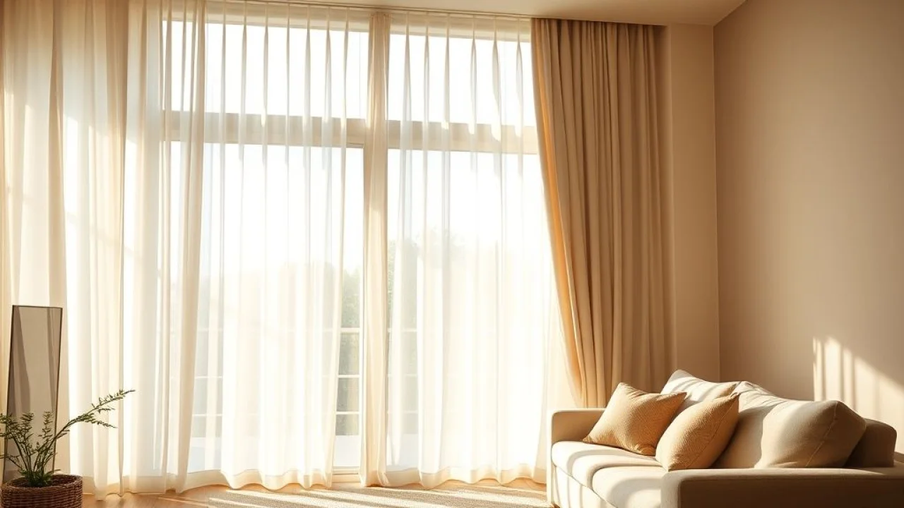 Sala de estar brasileira aconchegante com cortinas translúcidas e luz natural.