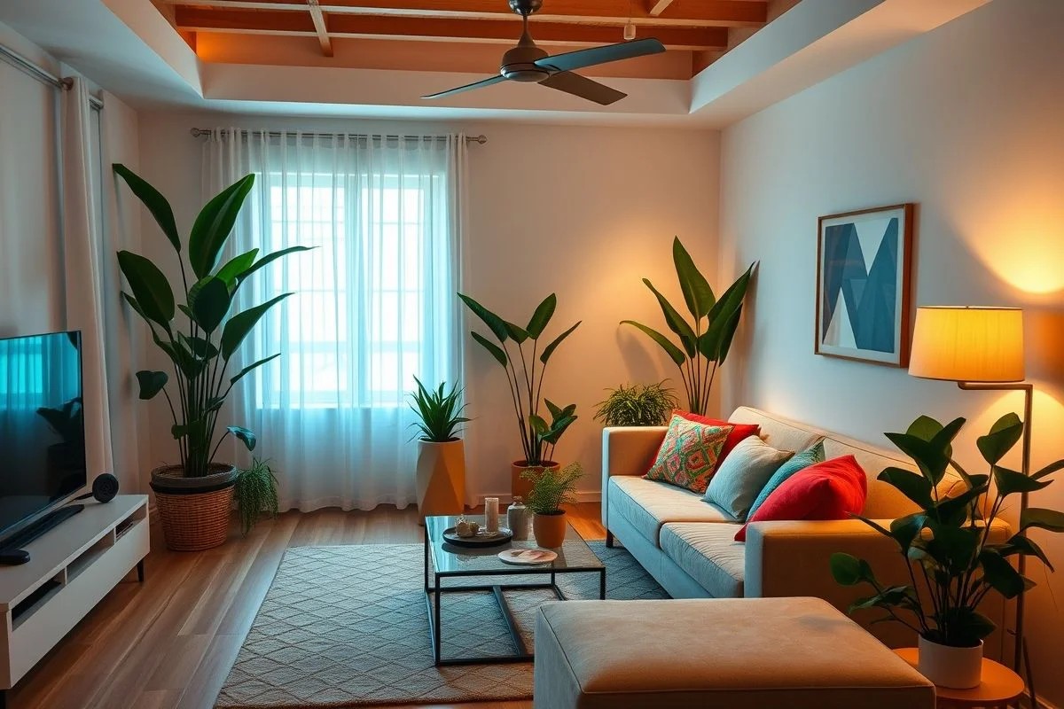 Sala de estar brasileira limpa e organizada, iluminação suave, plantas vibrantes.