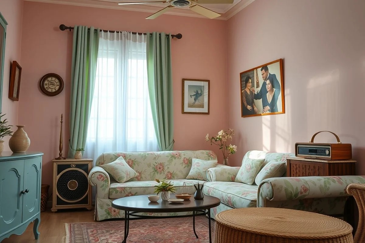 Sala de estar vintage brasileira com sofá floral e rádio antigo.