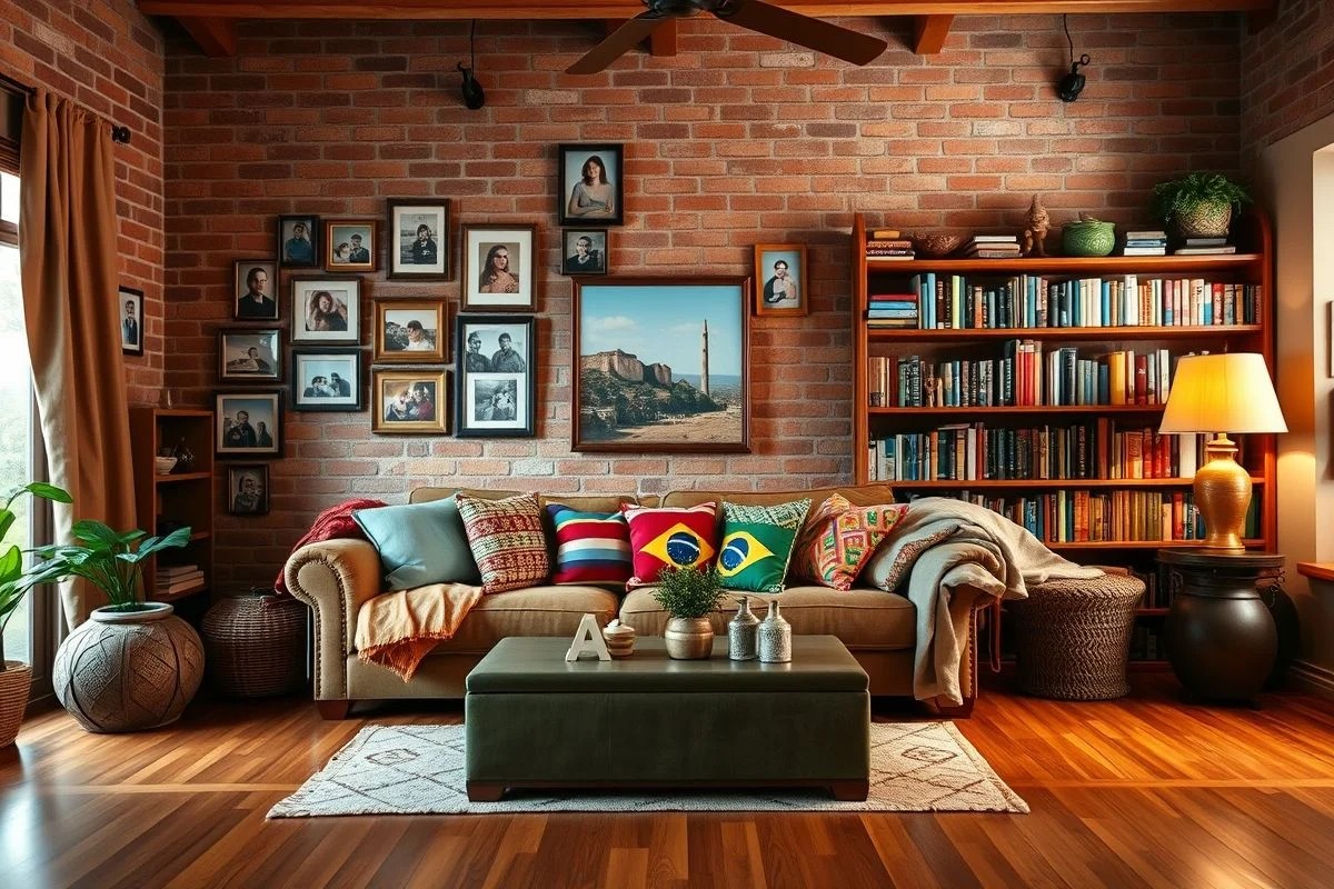 Sala de estar aconchegante com sofá colorido e fotos de família em parede colorida.