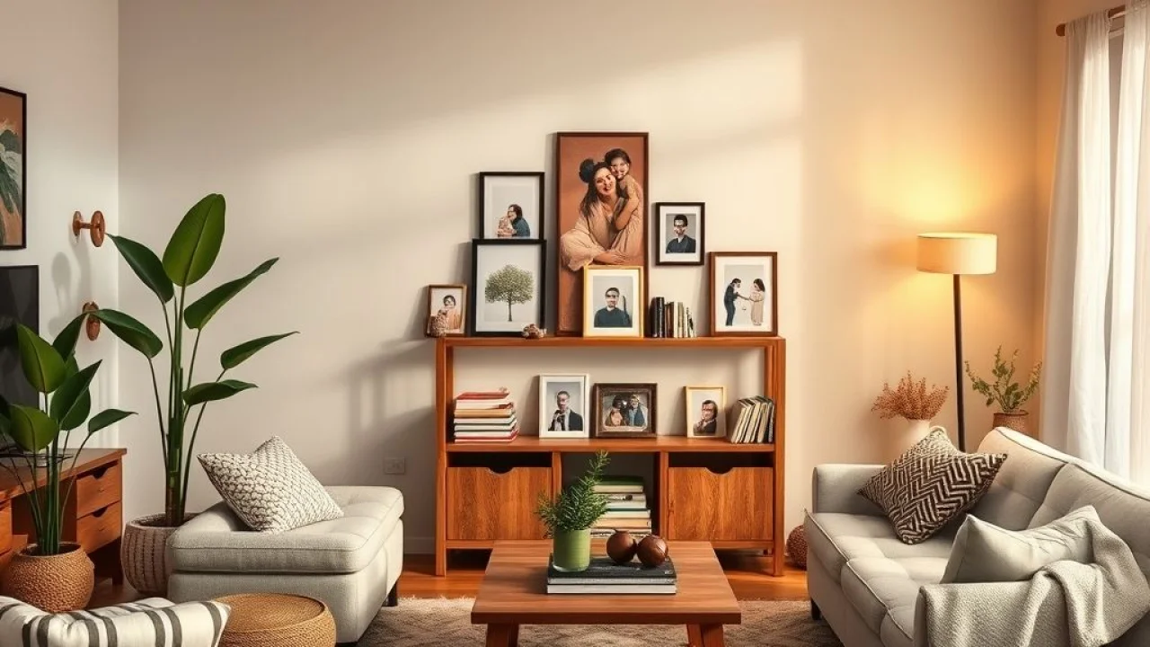 Sala de estar aconchegante com rack de madeira, fotos de família e planta verde.