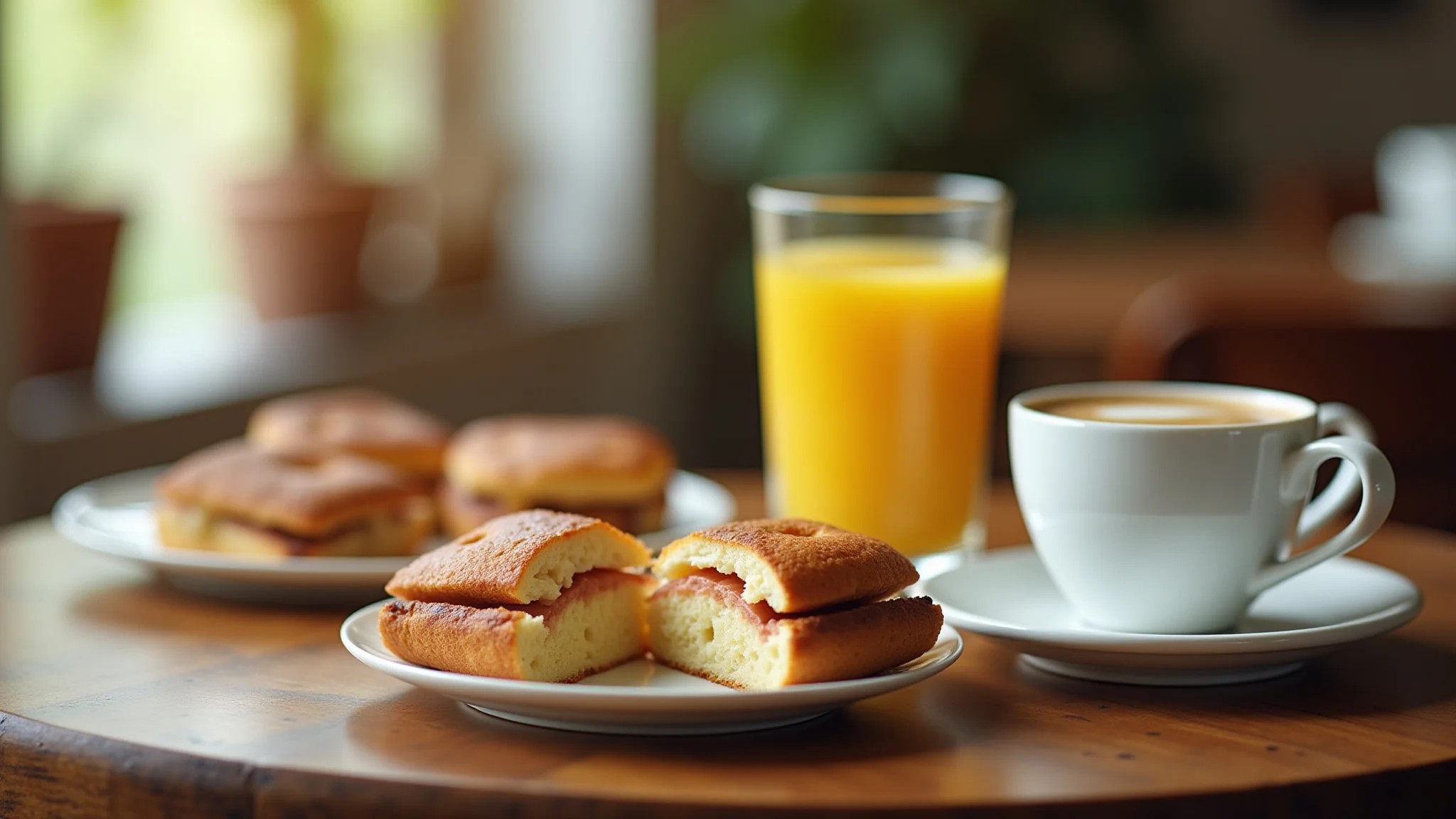 Mesa de café da manhã aconchegante com quitutes brasileiros.