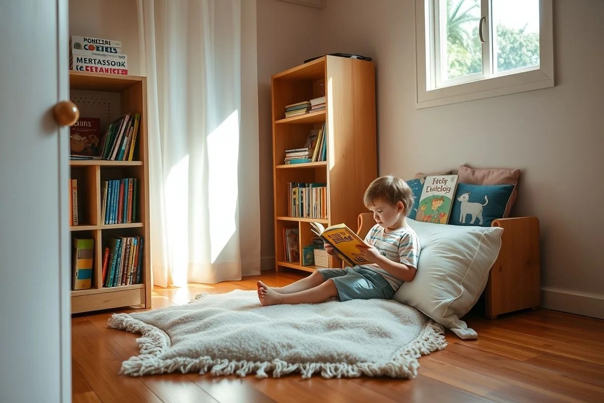 Criança brasileira lendo livro em canto aconchegante de quarto montessoriano.