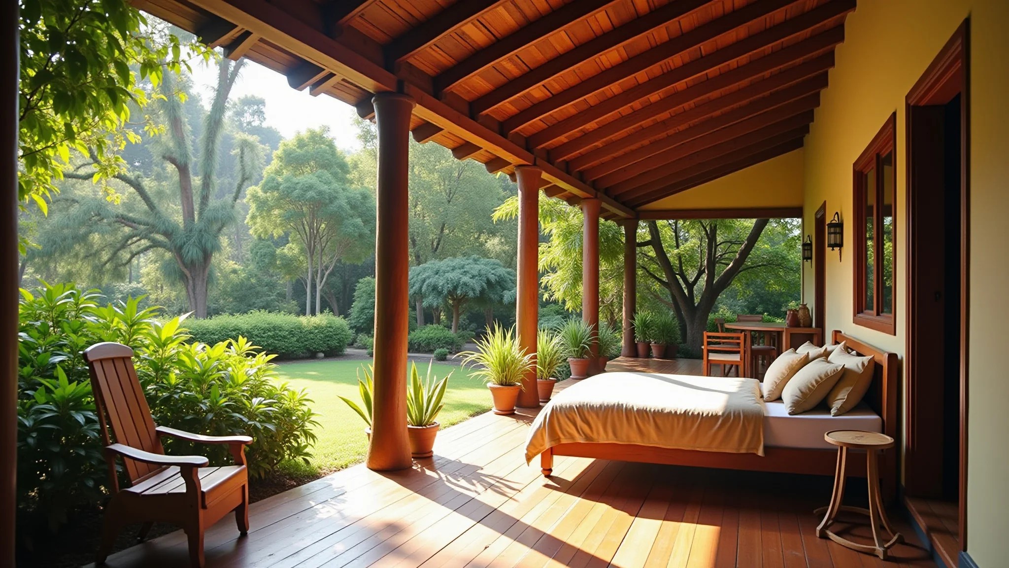 Casa de campo aconchegante com varanda e jardim, estilo brasileiro, iluminação natural.