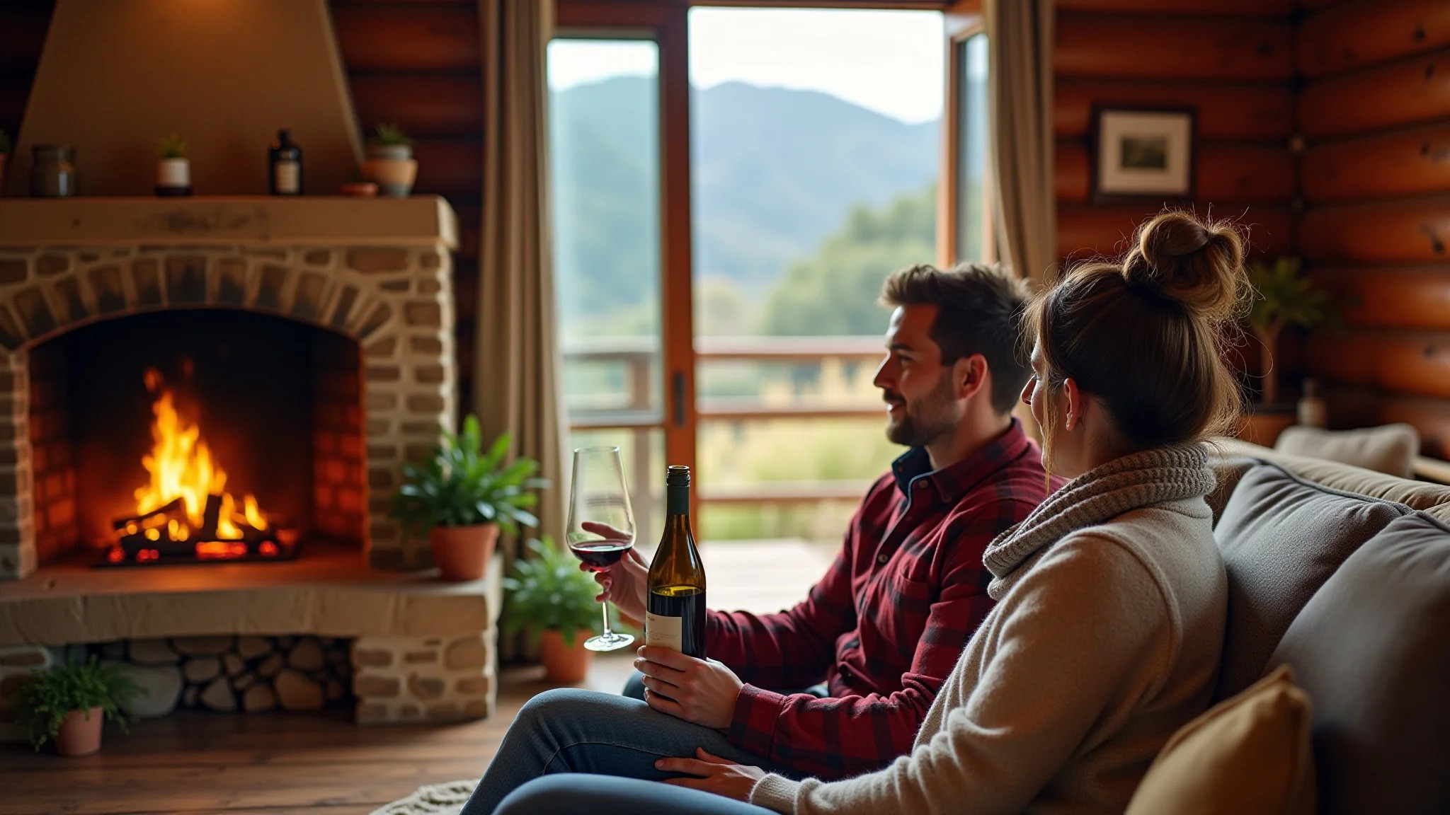 Casal aconchegante em cabana na Serra Catarinense com lareira e vista para a montanha.