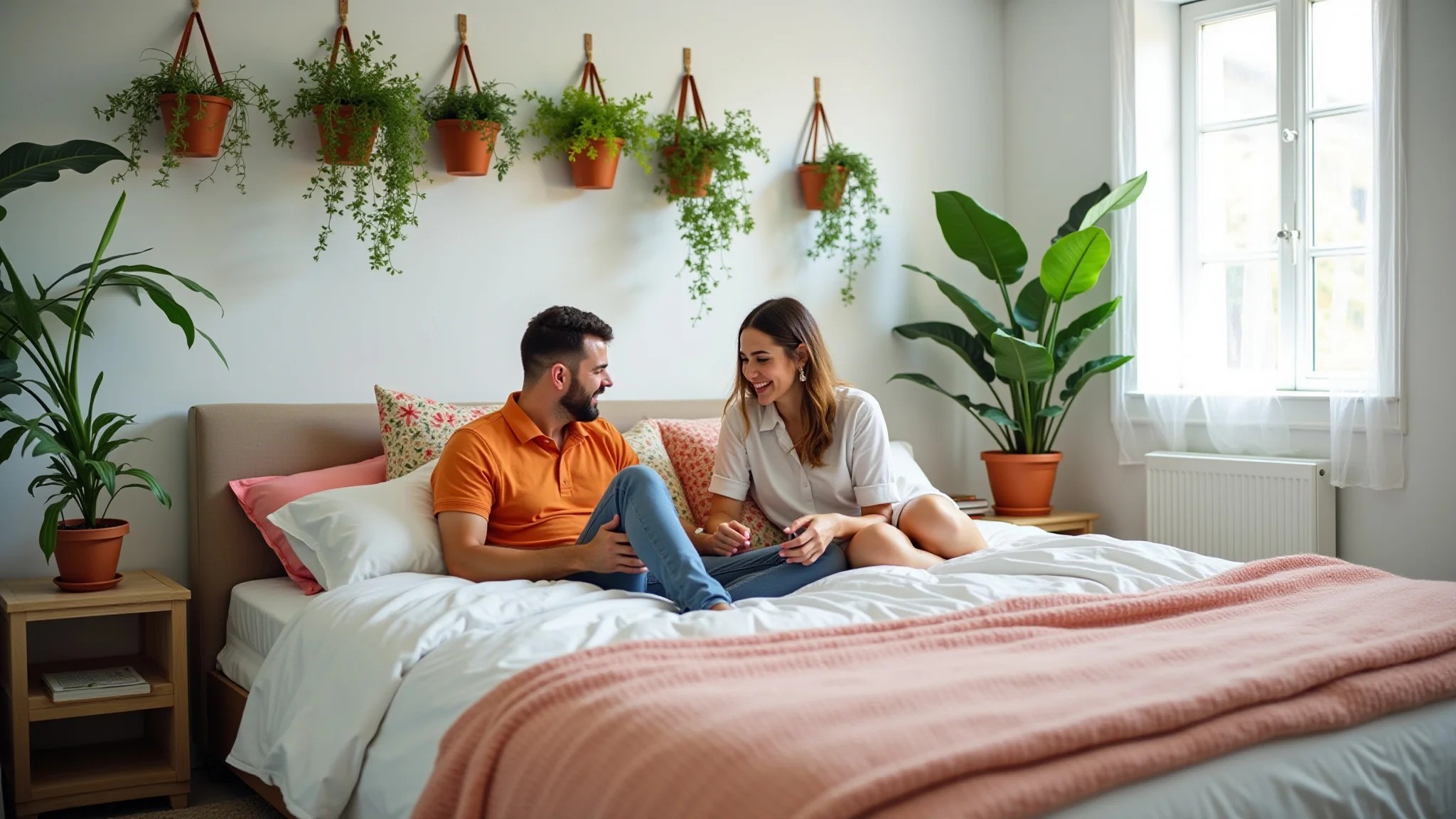 Canto aconchegante de quarto de casal com plantas penduradas e almofadas coloridas.