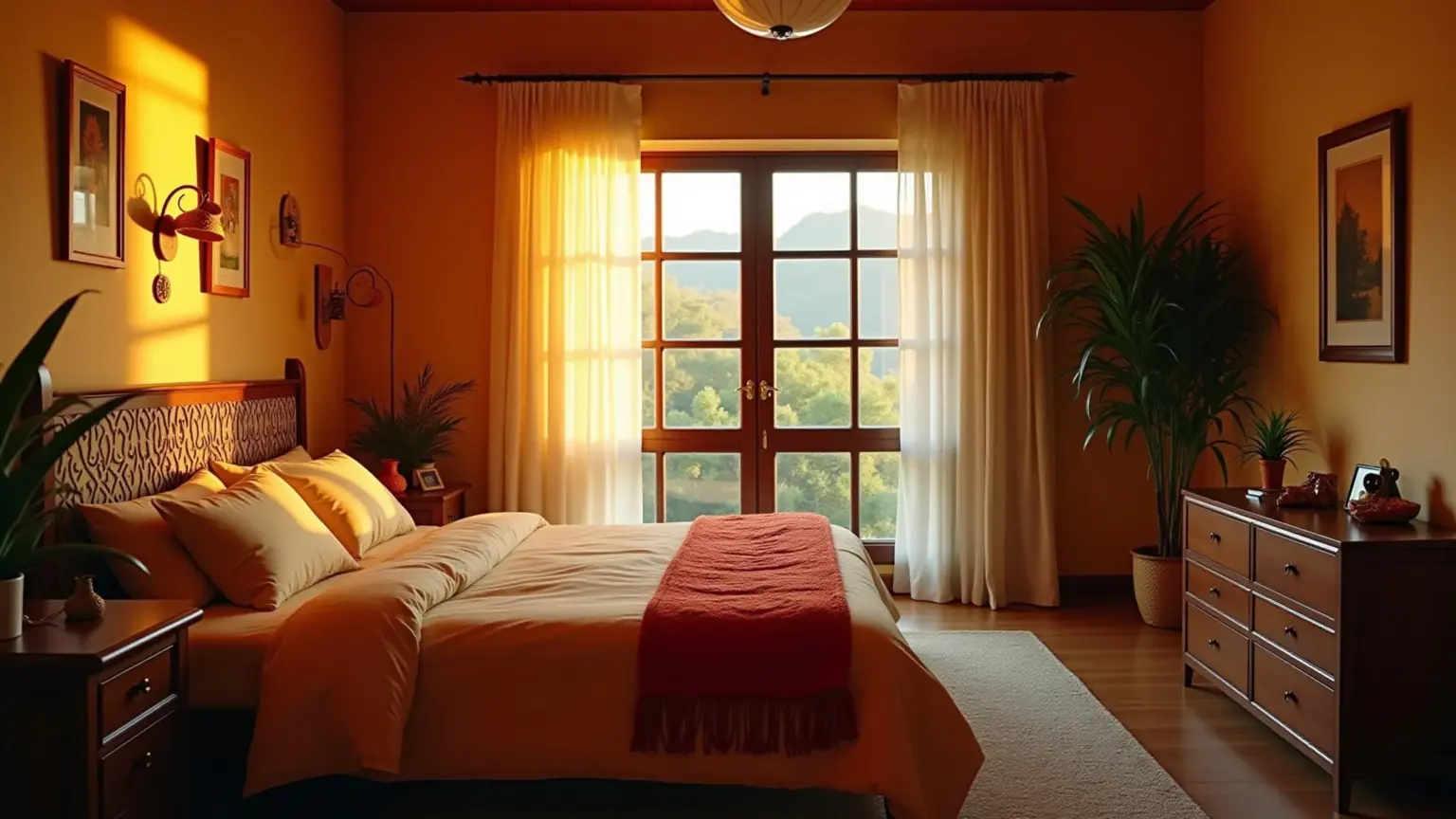 Quarto de casal aconchegante com iluminação indireta suave e decoração brasileira.