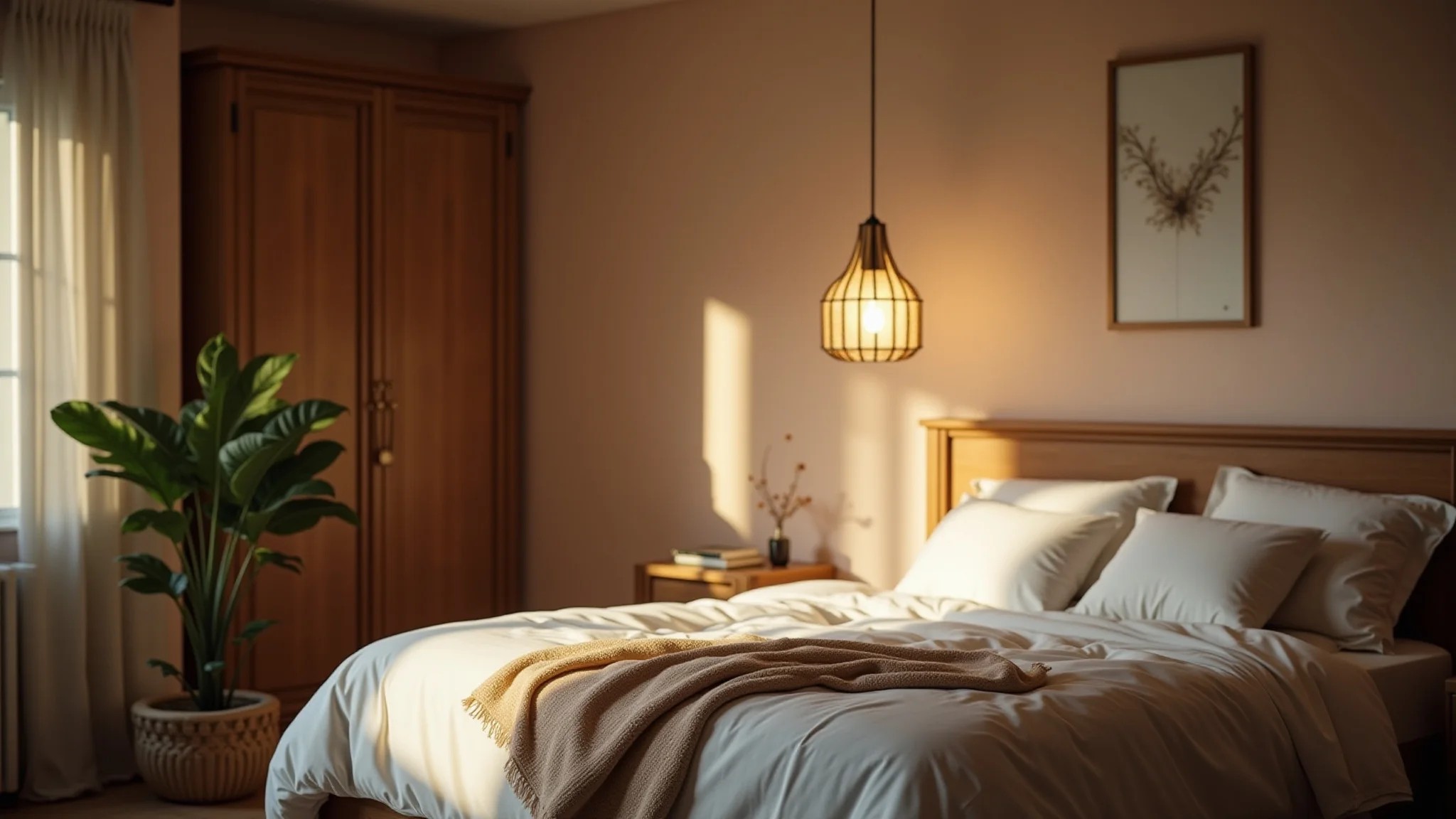 Quarto de casal aconchegante com pendente de iluminação suave e design brasileiro.