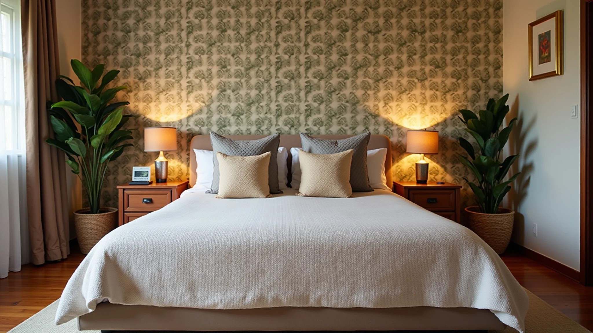 Quarto de casal aconchegante com parede de destaque em papel de parede, design brasileiro.