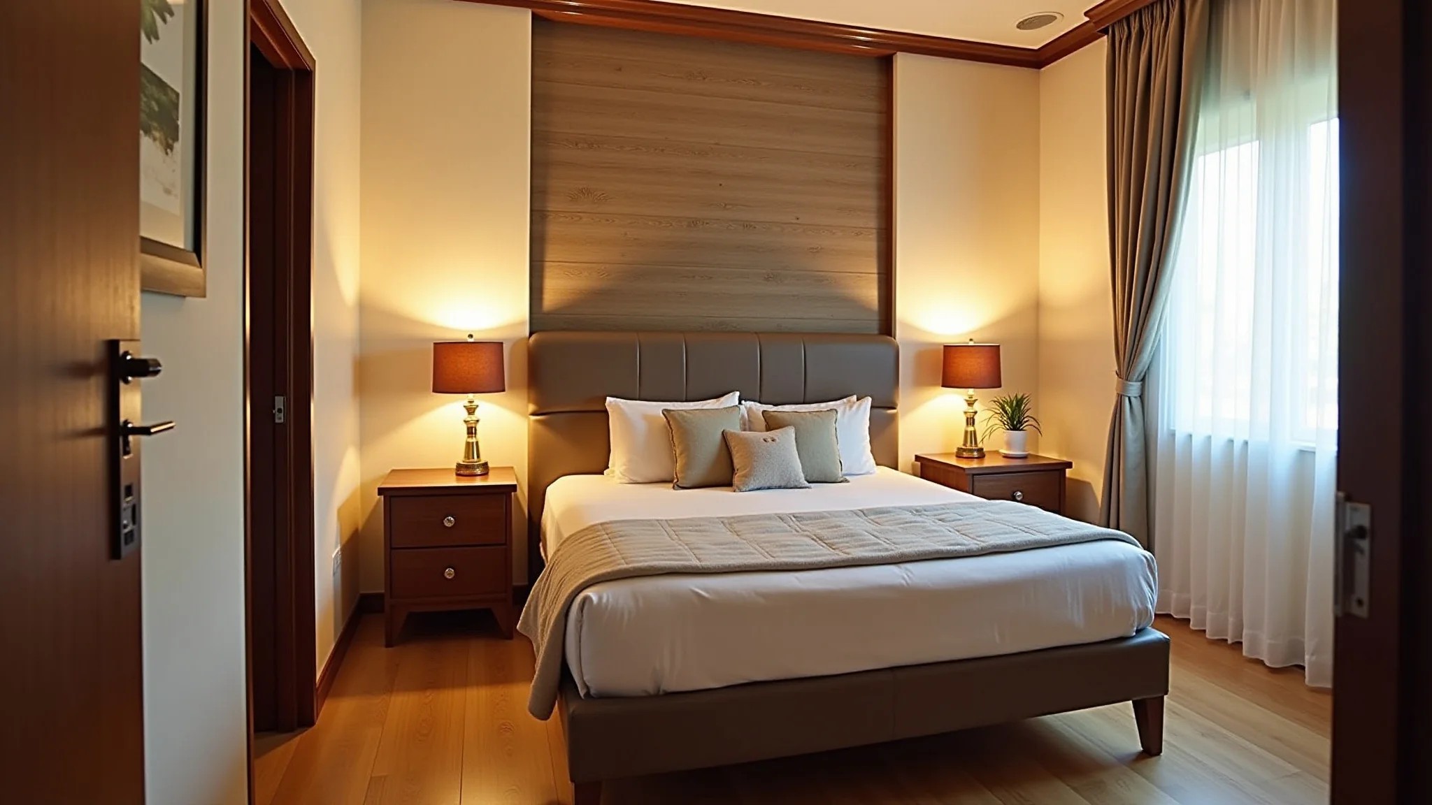 Quarto de casal aconchegante com cabeceira e mesas de cabeceira planejadas.