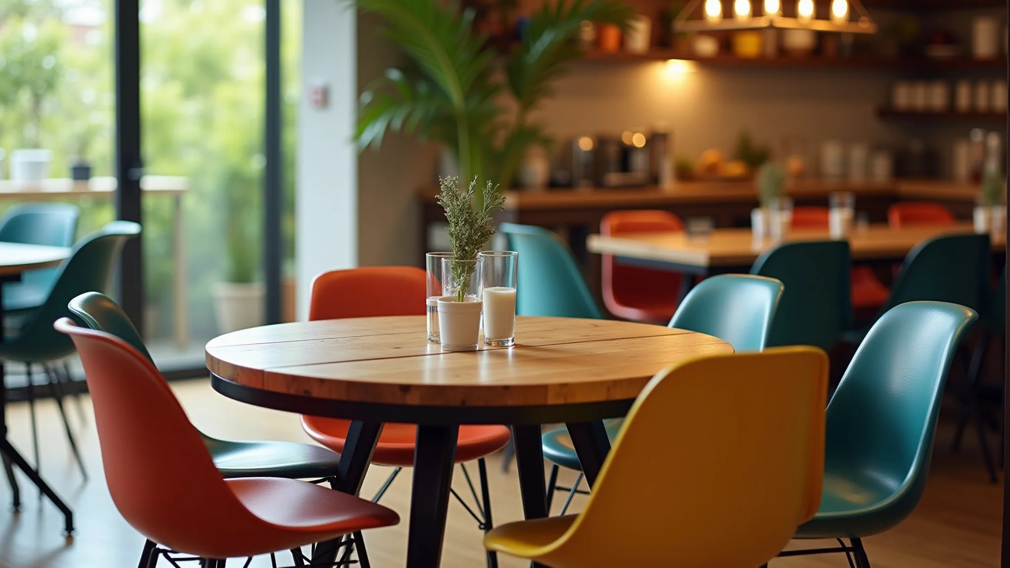 Mesa redonda de madeira em ambiente aconchegante com cadeiras coloridas e decoração brasileira.
