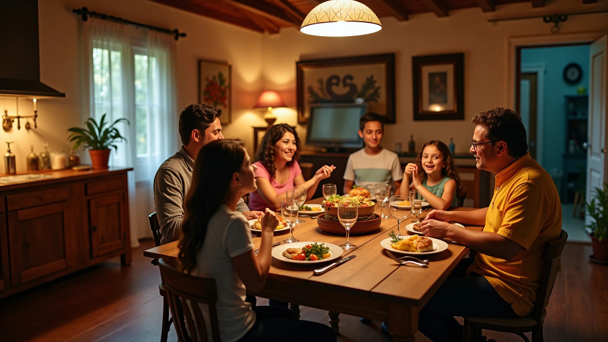 Sala de jantar aconchegante com família reunida em volta da mesa de madeira.
