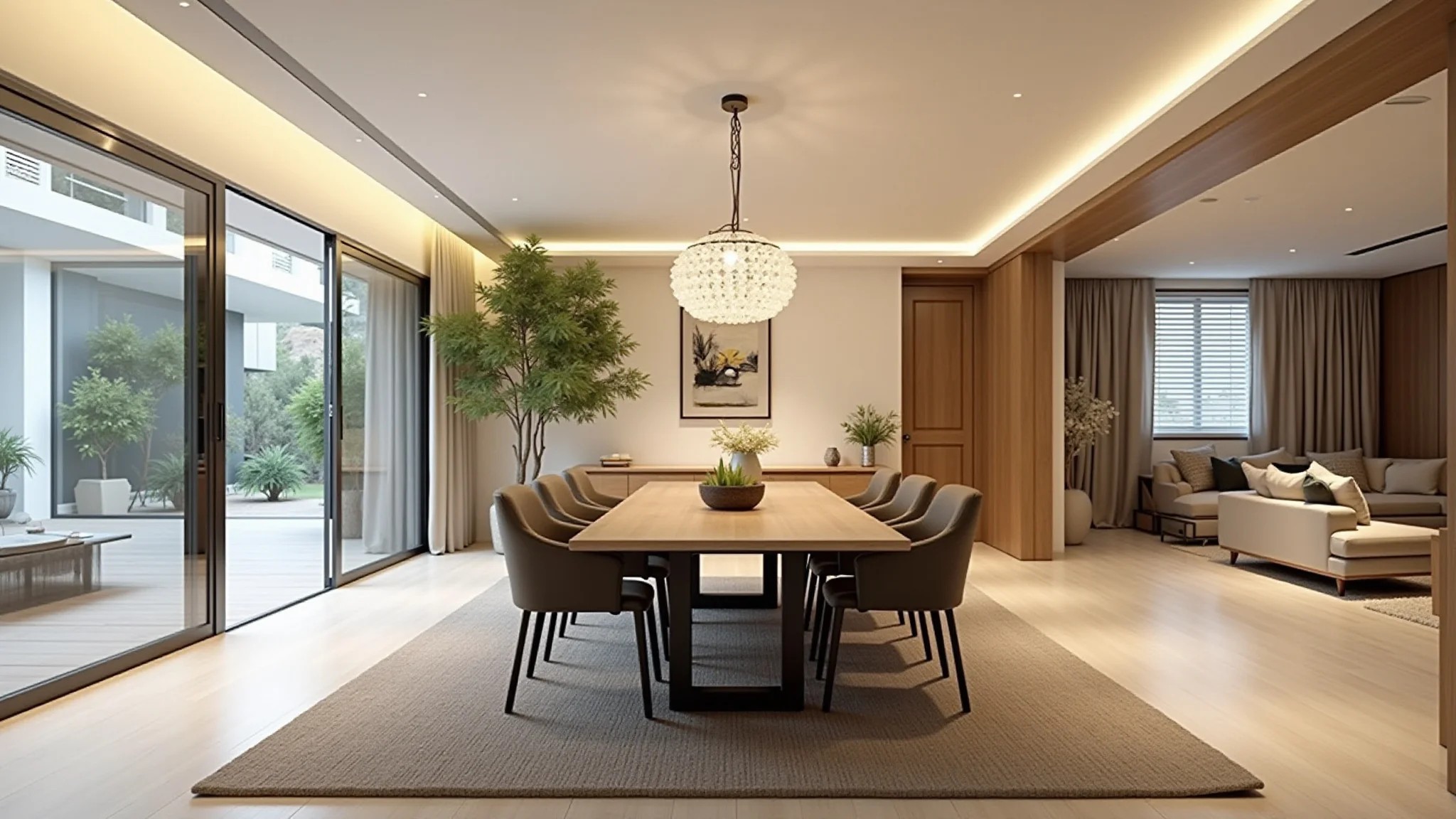 Sala de jantar aconchegante com sanca fechada, estilo minimalista e iluminação clara.