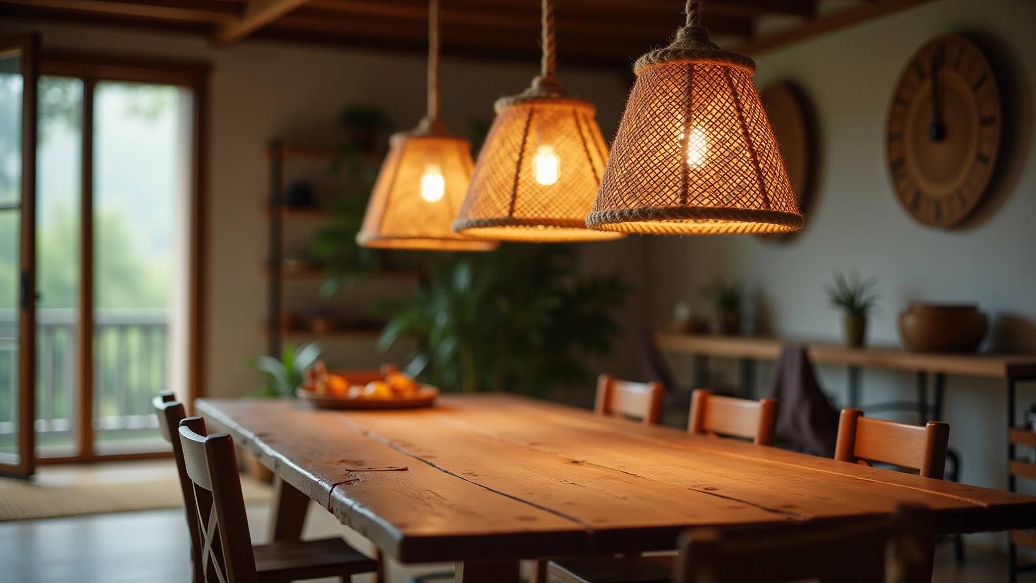 Aconchegante sala de jantar rústica com luminárias pendentes de corda sobre a mesa.
