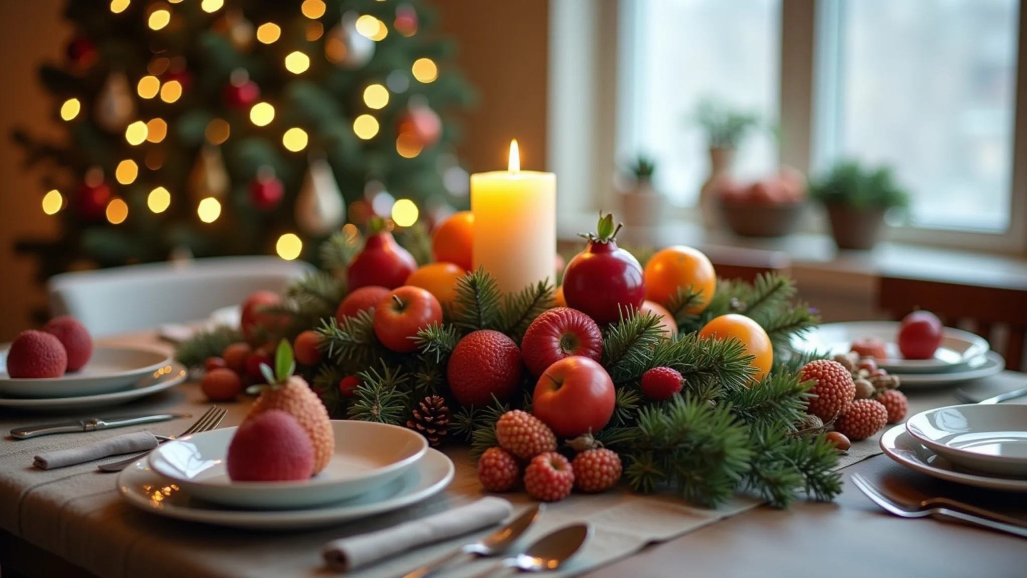 Centro de mesa natalino barato e bonito com frutas, velas e pinhas.