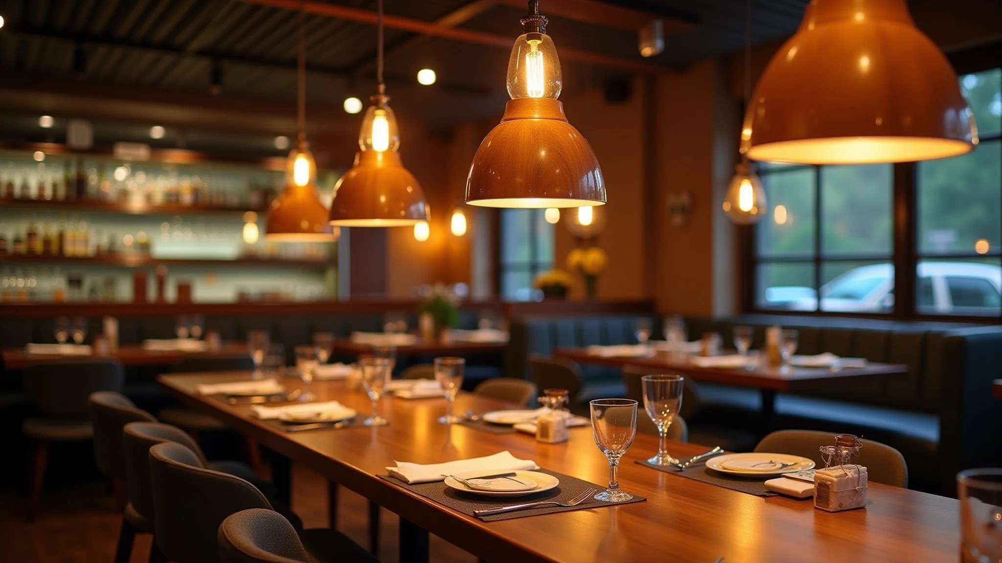 Área gourmet aconchegante com iluminação estratégica e luminárias pendentes.