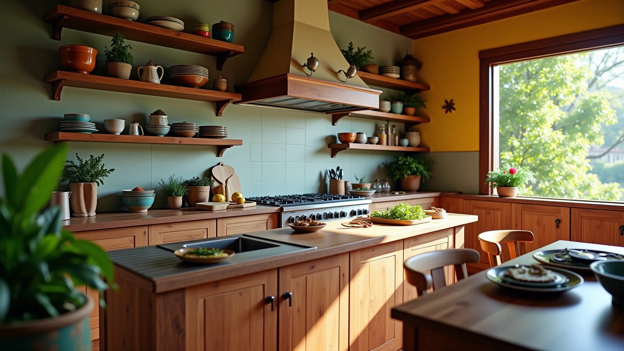 Cozinha gourmet aconchegante com prateleiras abertas e ervas aromáticas.