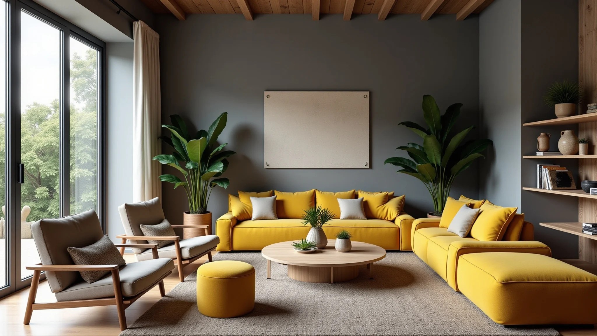 Sala de estar cinza aconchegante com toques de amarelo vibrante, estilo brasileiro.