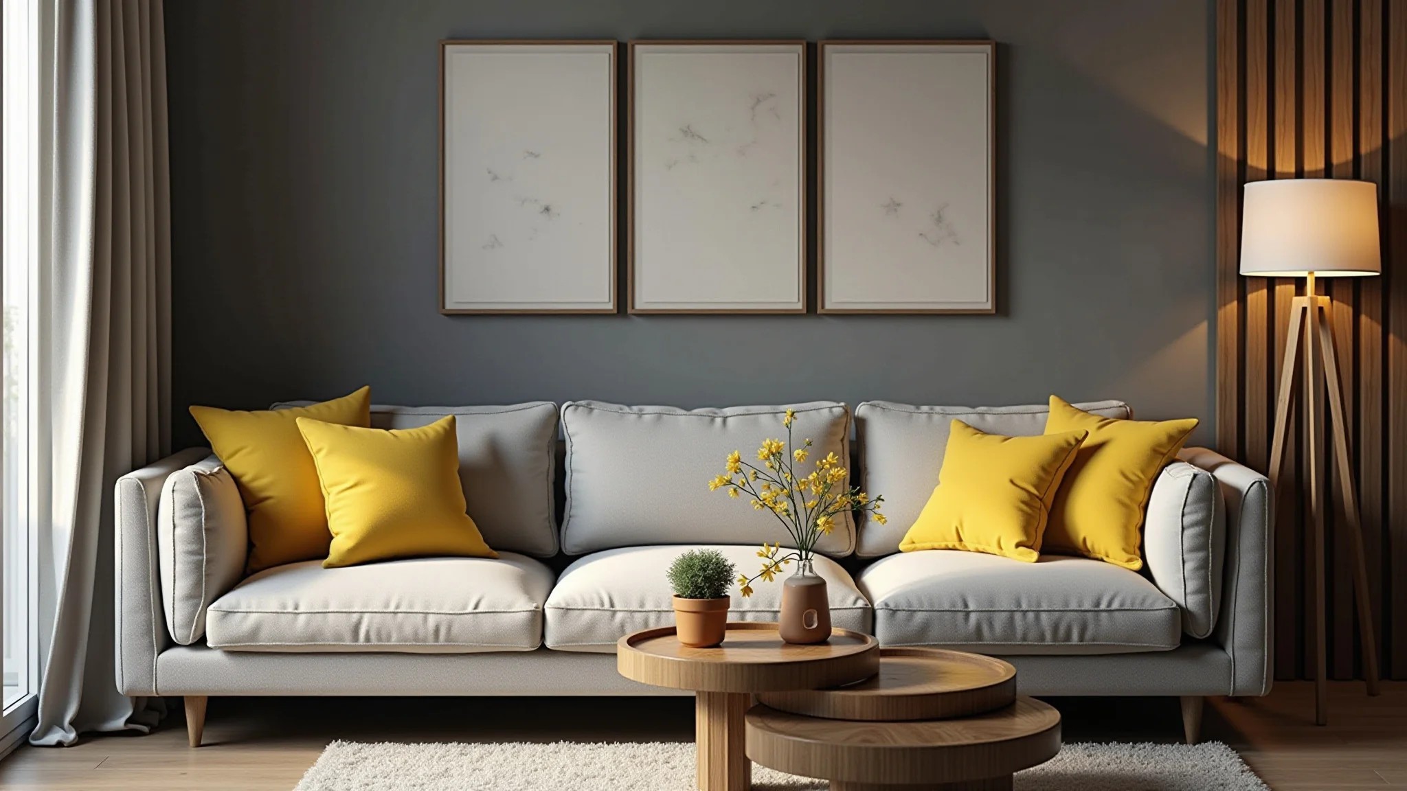 Sala aconchegante em cinza com detalhes em amarelo e estilo brasileiro.