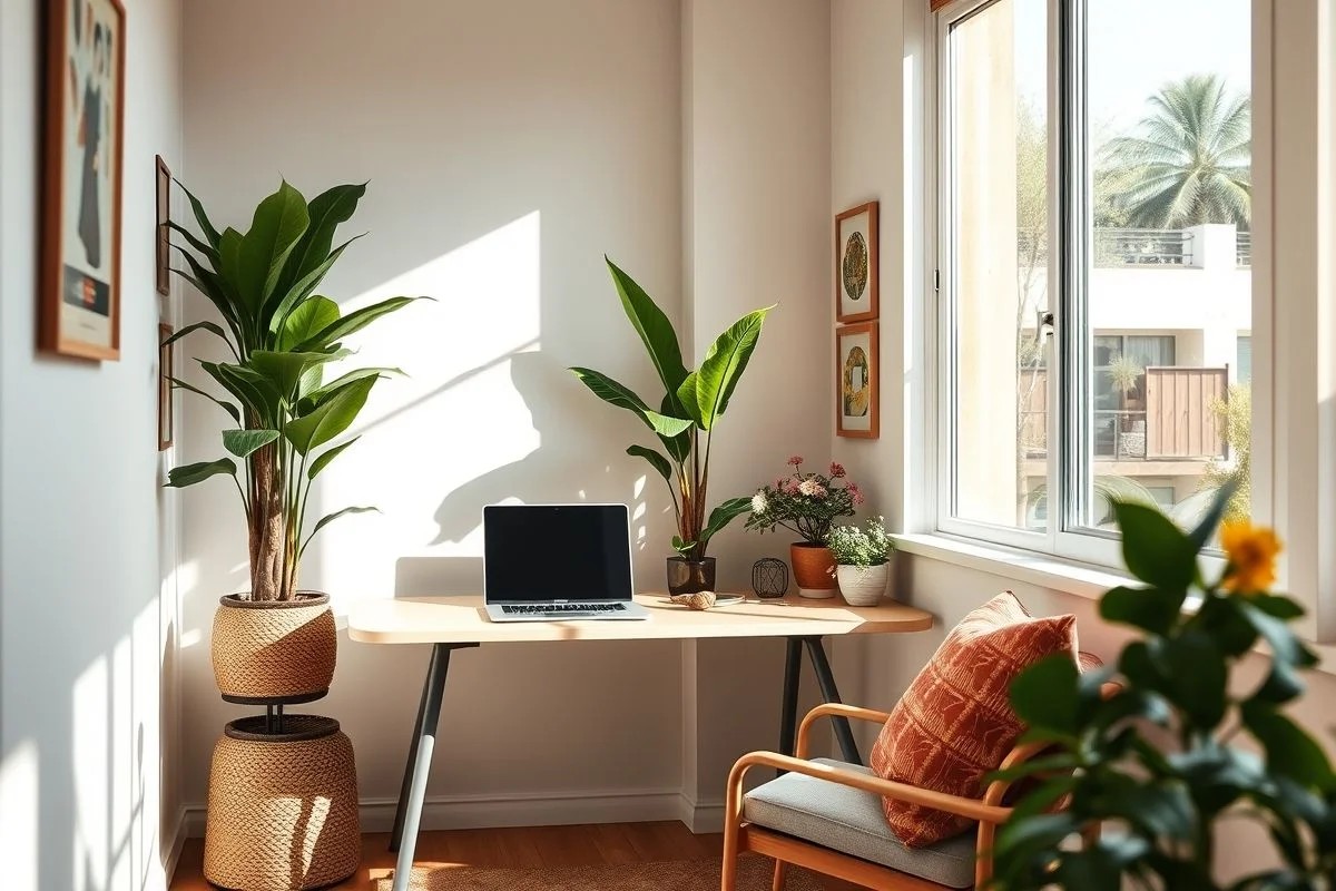 Home office minimalista com laptop e plantas em apartamento brasileiro.