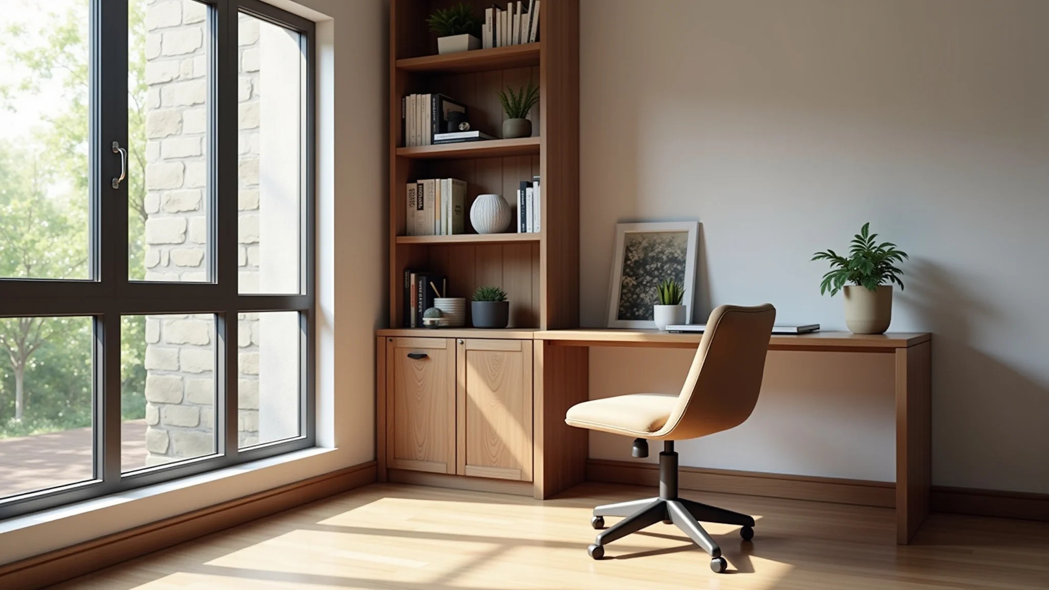 Canto de home office aconchegante com design minimalista e luz natural.