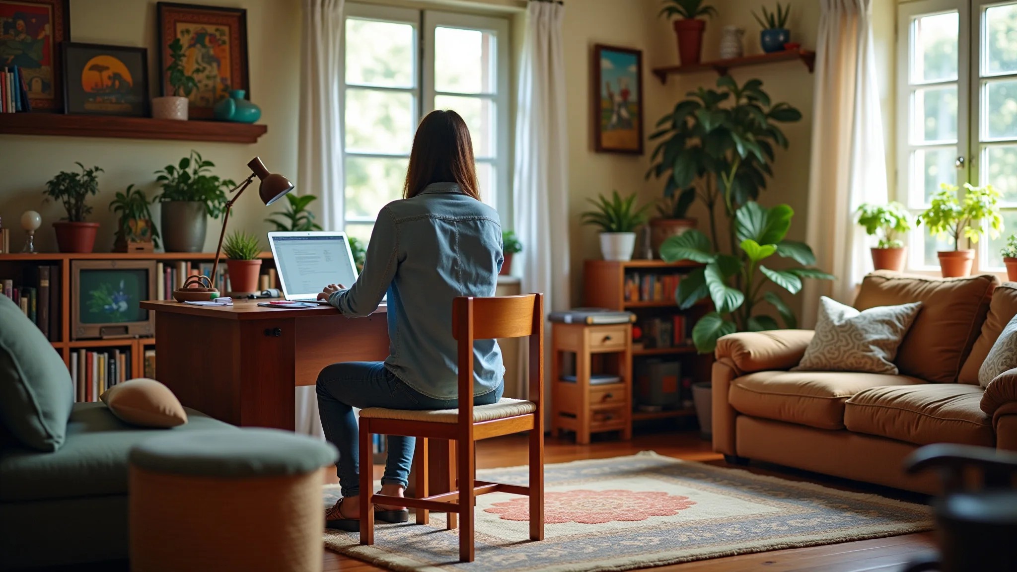 Home office aconchegante na sala, decoração brasileira colorida, mulher trabalhando.