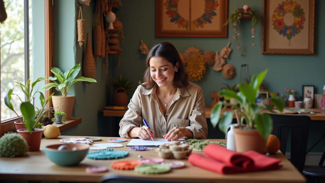 Artesã criando peças únicas em casa, ambiente iluminado e inspirador.
