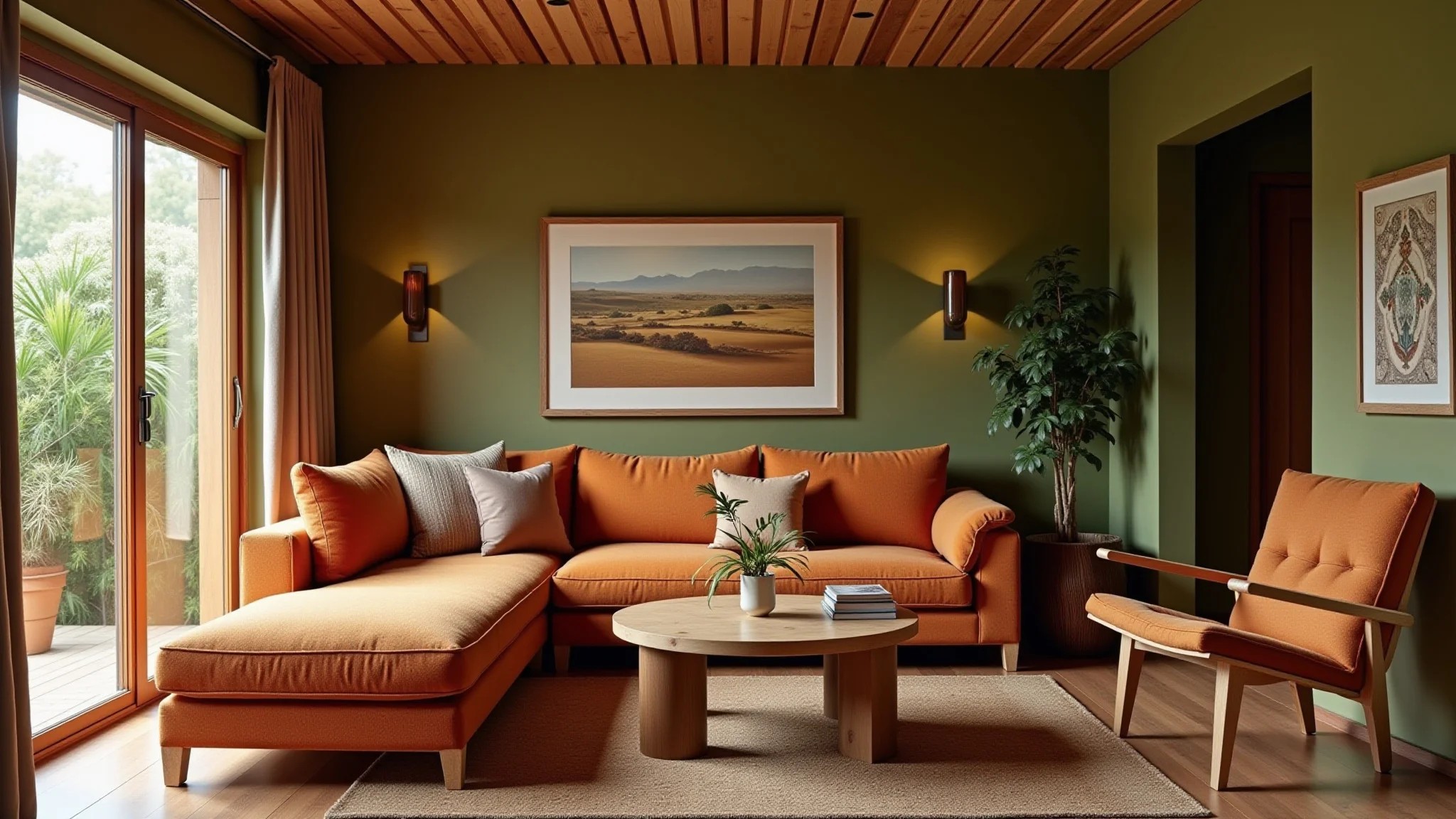 Interior aconchegante com parede verde oliva e detalhes laranja queimado, estilo brasileiro.