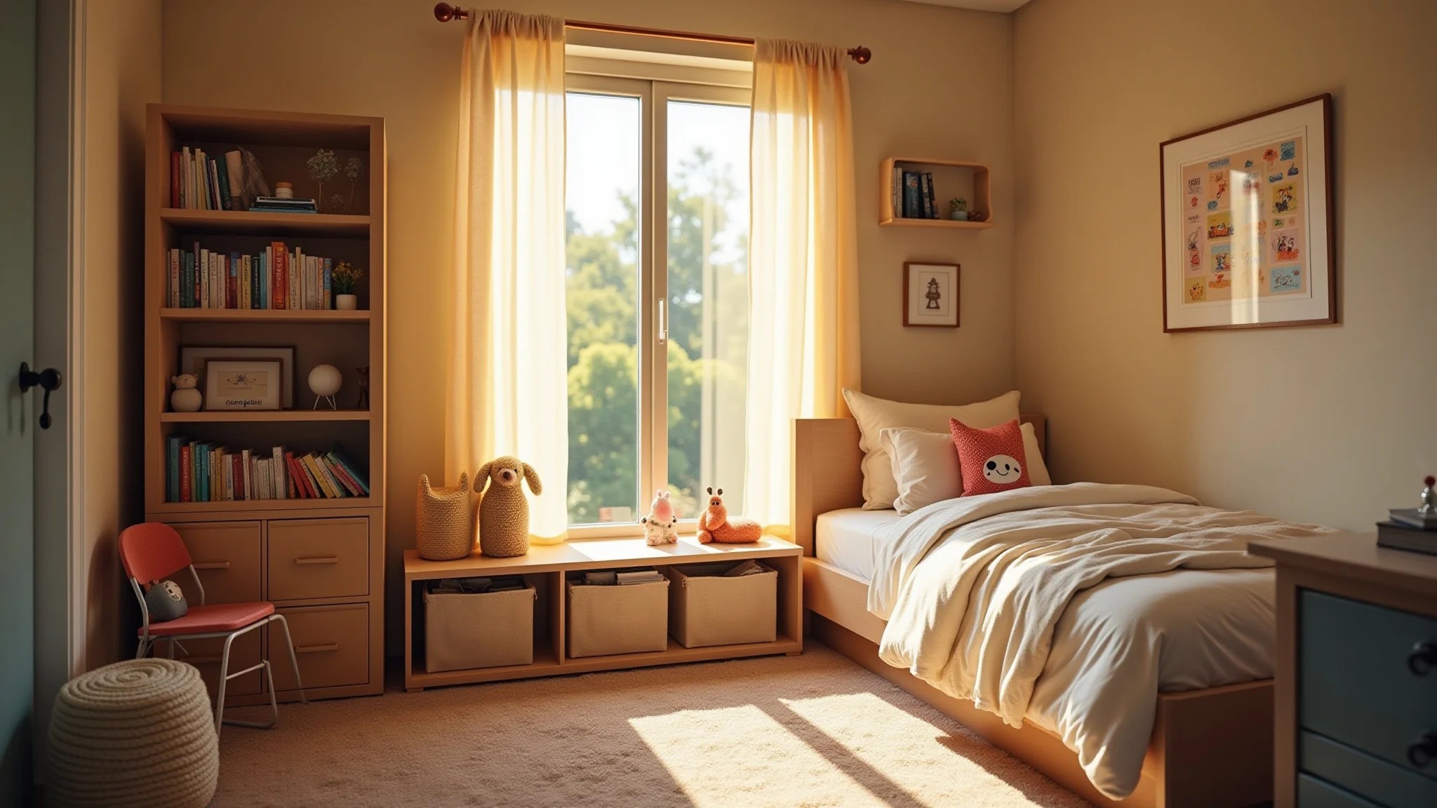 Quarto infantil aconchegante com cantinho de leitura e estante de livros.