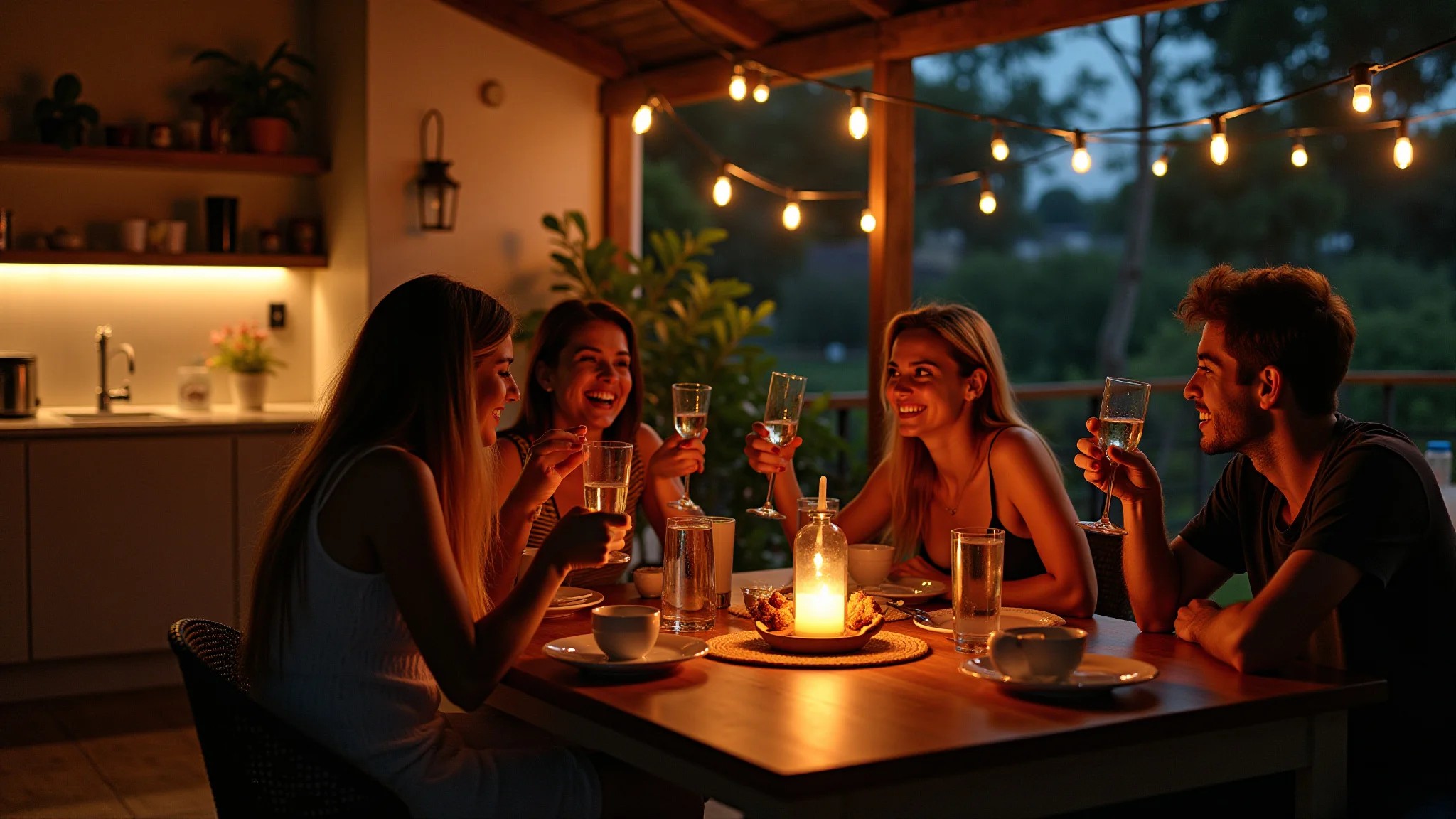 Cozinha e área de lazer aconchegante à noite, amigos bebendo e ambiente brasileiro.