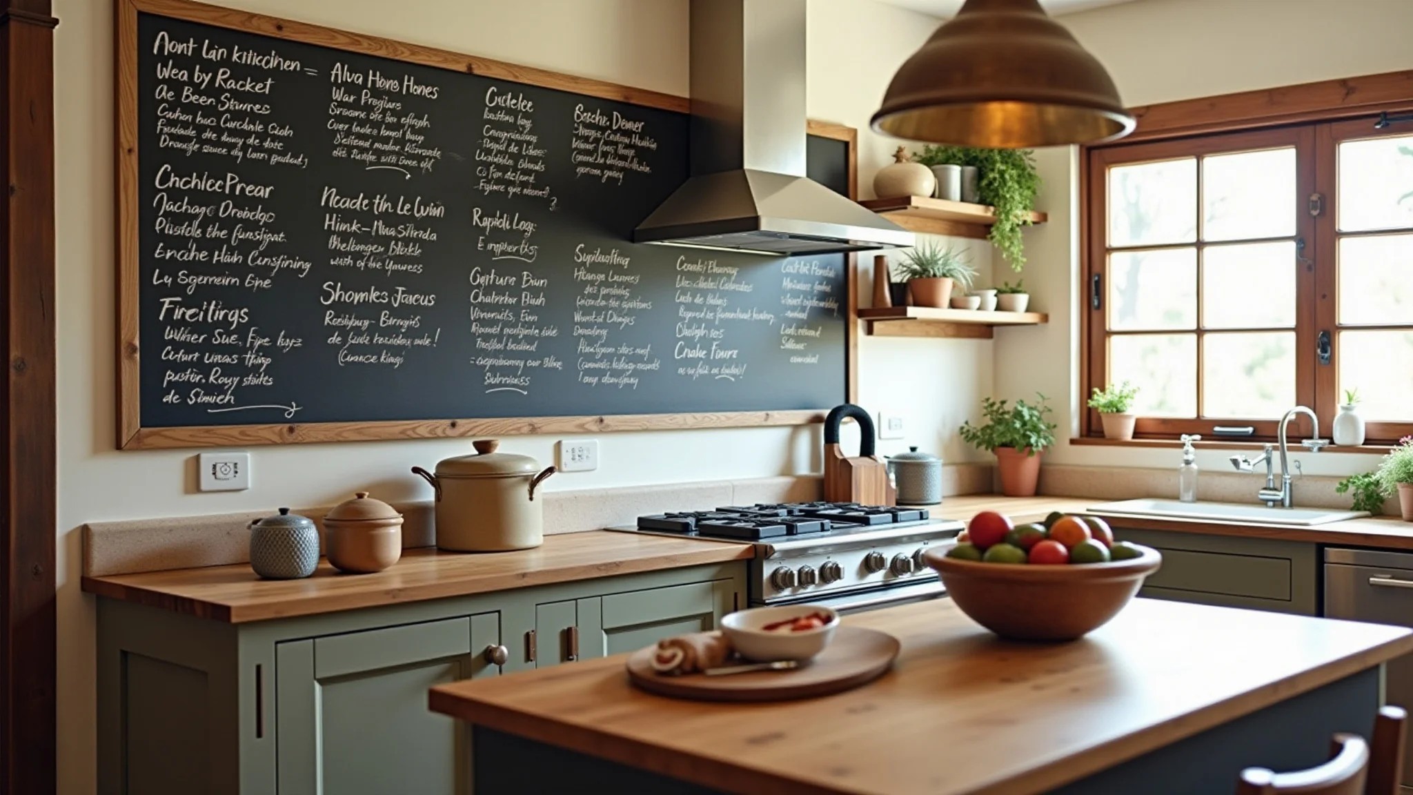 Receitas de família anotadas em parede de lousa numa cozinha aconchegante.