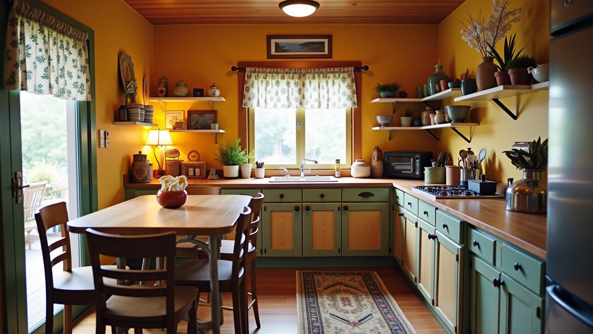 Canto aconchegante na cozinha com móveis reutilizados e detalhes vintage.